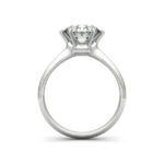 Realistic 3D render of diamond ring, isolated on white background. Very detailed and high resolution. Ring is designed from scratch, original design. Side view.
